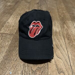 Rolling Stones Logo Distressed Hat Rock N' Roll Music Black Cap Ant Brass Buckle